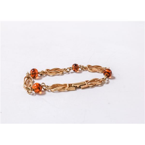 GOLD TONE WITH AMBER GLASS BEAD BRACELET