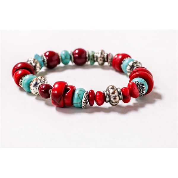 SILVER, RED AND TURQUOISE COLOURED BEADED