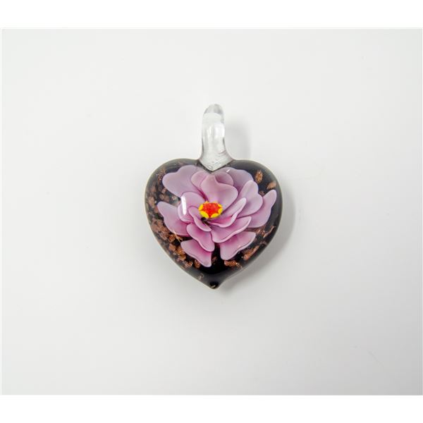 1X1.5" BLOWN GLASS HEART PENDANT PINK FLOWER