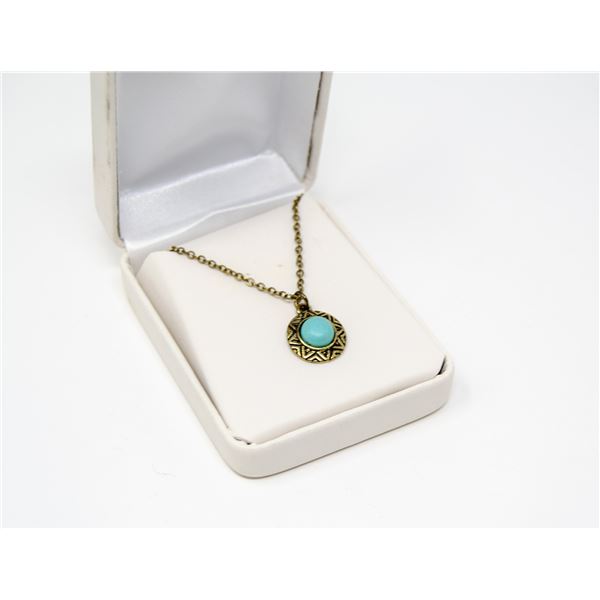BRASS TONE AND TURQUOISE PENDANT ON 16" CHAIN