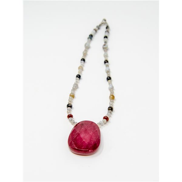 LARGE CUT STONE PENDANT ON BEADED NECKLACE