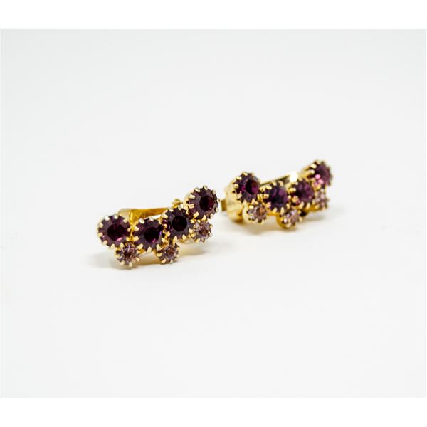GOLD TONE WITH PURPLE AND CLEAR STONE EARRINGS