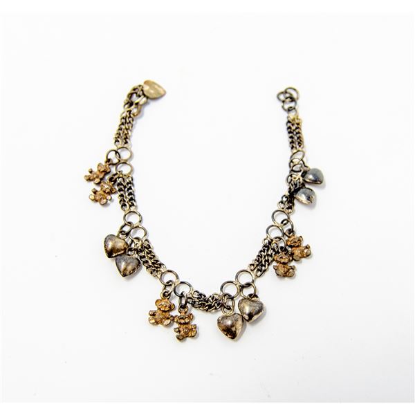 925 SILVER TEDDY BEAR AND HEARTS CHARM BRACELET