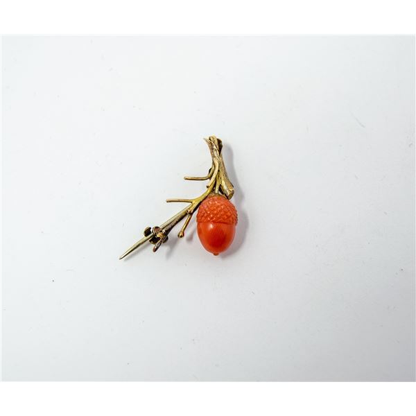 CORAL ACORN ON GOLD TONE BROOCH