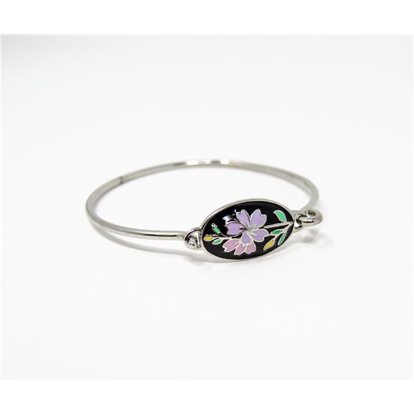 BLACK ENAMEL FLOWER SILVER TONE BRACELET
