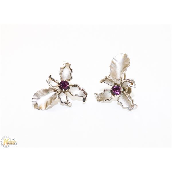 SILVER TONE IRIS SCREW BACK EARRINGS WITH PURPLE