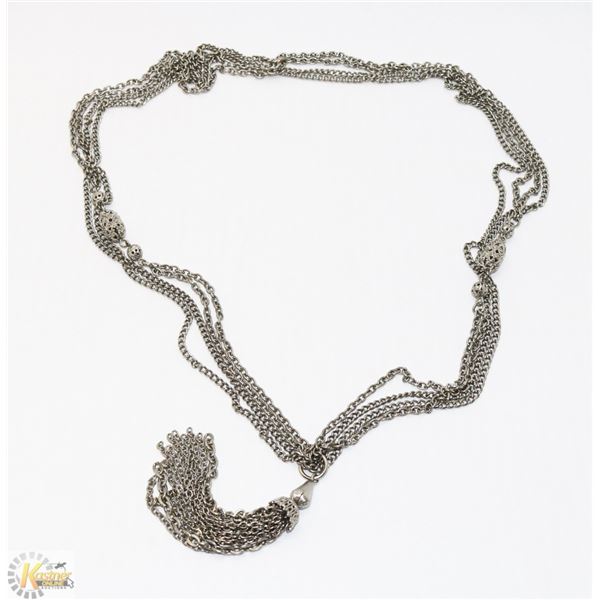 39? SILVER TONE NECKLACE WITH TASSEL PENDANT