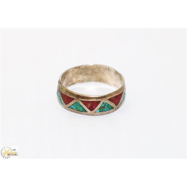 TURQUOISE AND RED COLOUR INLAY SILVER TONE RING