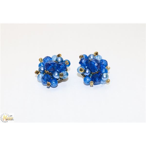 BLUE BEADED CLIP EARRINGS