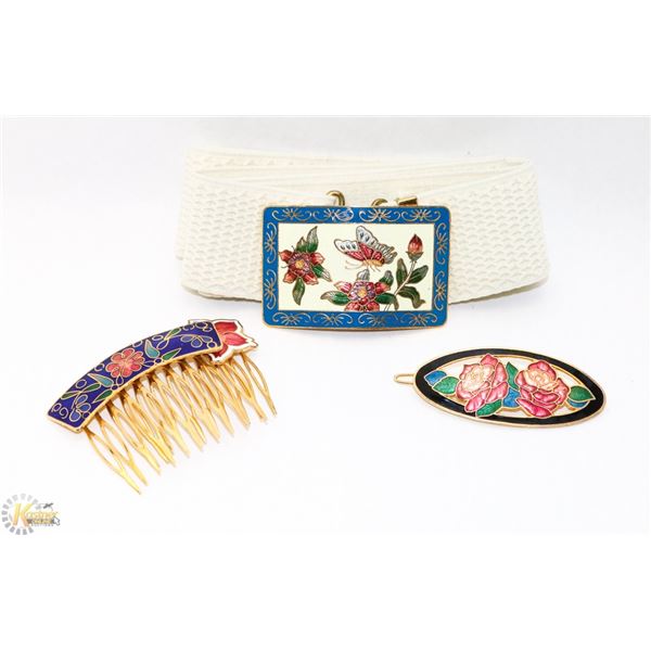 ASIAN ENAMELED BELT BROOCH AND HAIR SET