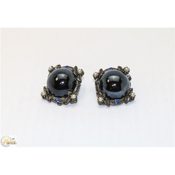 LARGE BLACK FAUX PEARL COSTUME CLIP EARRINGS