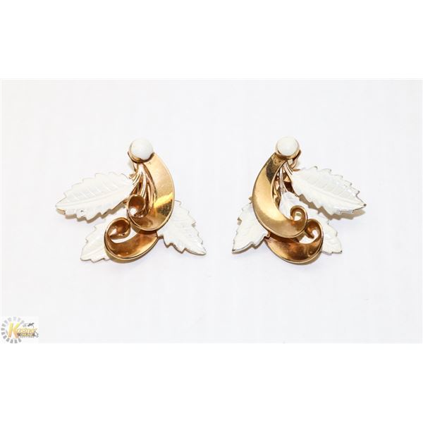 GOLD TONE AND WHITE ENAMEL LEAF CLIP EARRINGS