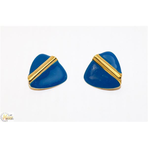 BLUE ENAMEL GOLD TONE CLIP EARRINGS