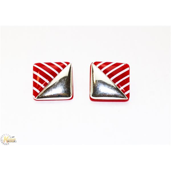 VINTAGE RED AND SILVER TONE SQUARE EARRINGS