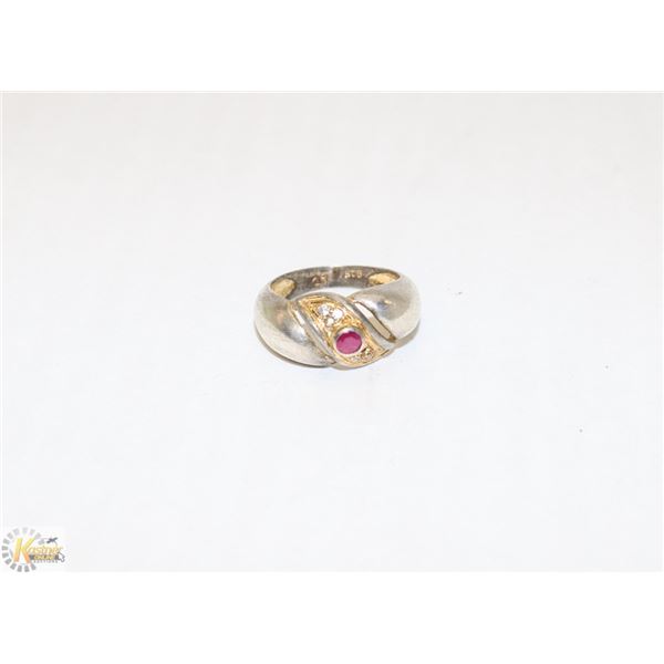925 SILVER RING WITH GOLD DETAIL & SMALL RUBY SZ
