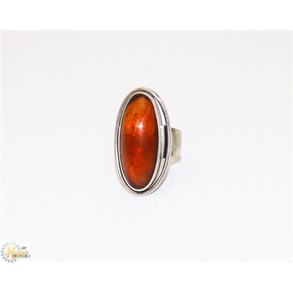 STERLING SILVER RING WITH AMBER COLORED STONE SIZE