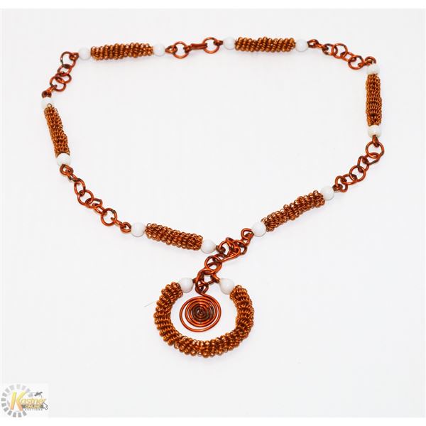 COPPER TWIST LINK NECKLACE WITH WHITE BEADS