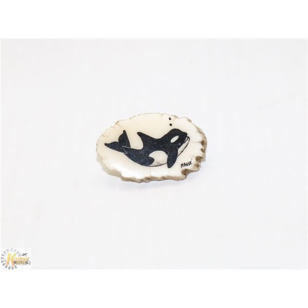 SIGNED PAINTED WHALE HORN BROOCH
