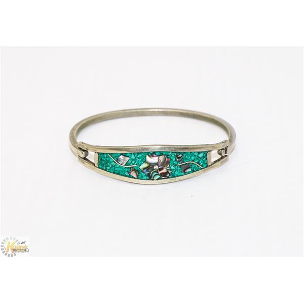 SILVER WITH GREEN FLORAL INLAY BRACELET
