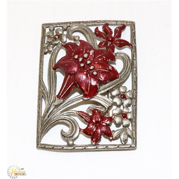 3X2" SILVER-TONE-BROOCH WITH DARK RED DETAIL