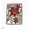 Image 1 : 3X2" SILVER-TONE-BROOCH WITH DARK RED DETAIL