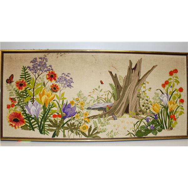 VINTAGE CREWEL FLORAL LANDSCAPE LARGE