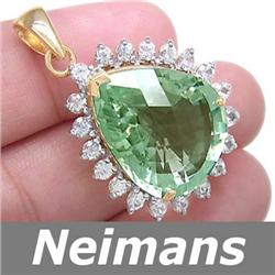 Certified 27.50ct Green Amethyst & Sapphire Pendant 14K