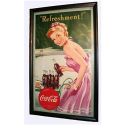 Framed Coca Cola Litho Sign-Girl in Pink