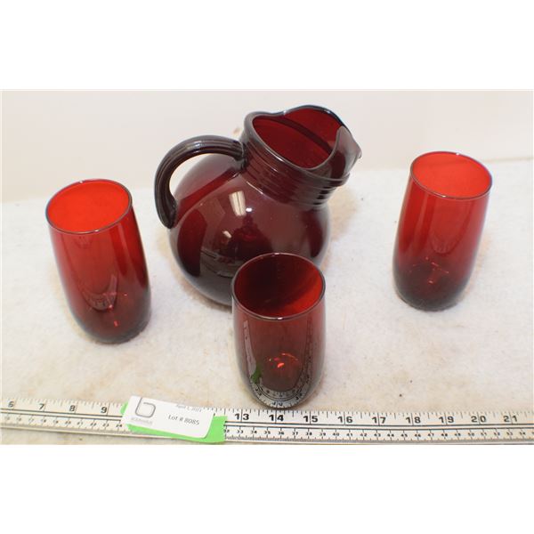 Pitcher + 3 Glasses Cranberry Glass