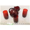 Image 1 : Pitcher + 3 Glasses Cranberry Glass