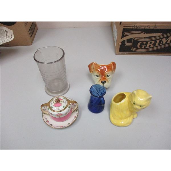 Glass Lot Pitcher Glass Dog And Cat and Glass Teapot