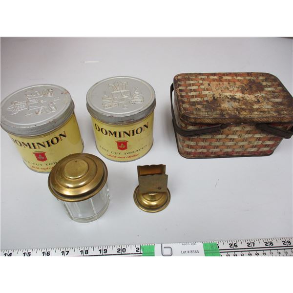 3 Tobacco Cans and Sugar Glass Container