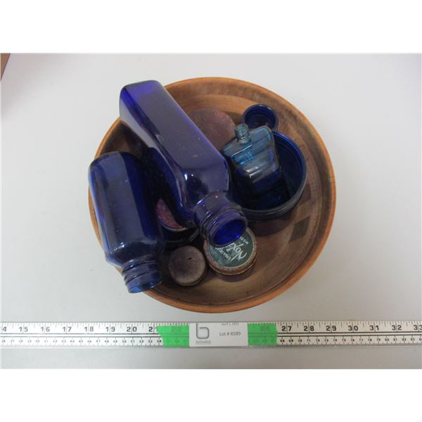 Wooden Bowl With Blue Medice Bottles