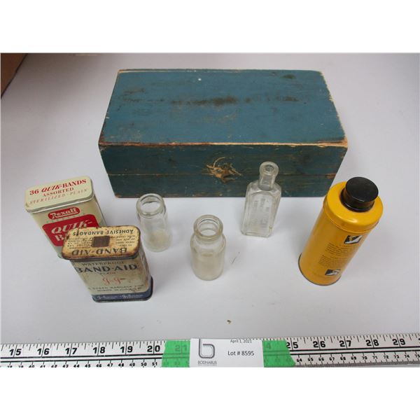 Vintage Wooden Box With Medical Bottle And Tins