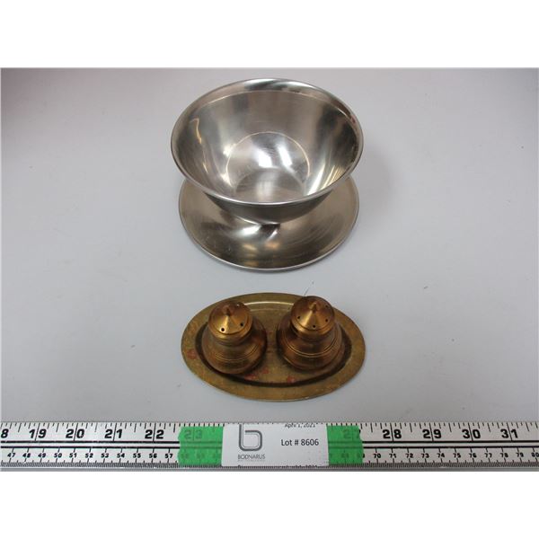 Salt And Pepper Brass Set And Stainless Steel Bowl