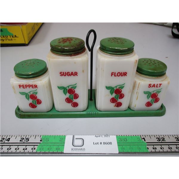 Vintage Green Salt, Pepper, Sugar, And Flower Set