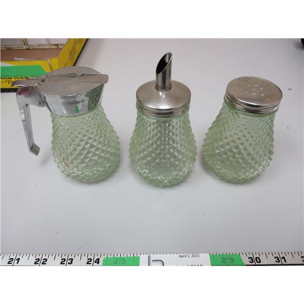 Green Glass Syrup Vinegar And Salt Set