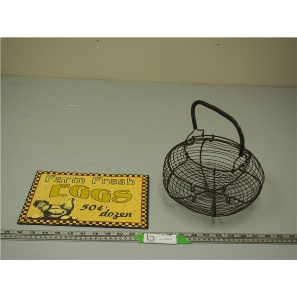 EARLY METAL EGG CARRYING BASKET, AND EGG TIN SIGN