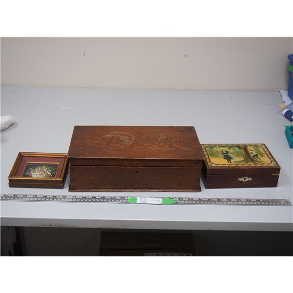 (2) WOODEN STORAGE BOXES & SMALL PICTURE IN FRAME