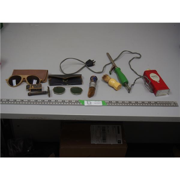 VINTAGE SUN GLASSES, SAFETY RAZOR BLADES, MAVIS TALC TINS PLUS MISC