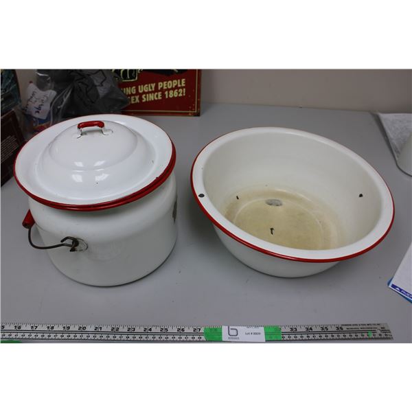 Enamel Ware Bowl and Pot w/ Lid