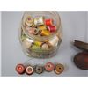 Image 2 : Vintage yarn with wooden spools in glass jar with butter churn top (missing paddles)