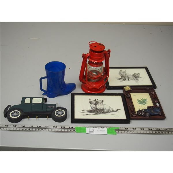 Pictures in frames (Francis Fry), small lantern plus misc