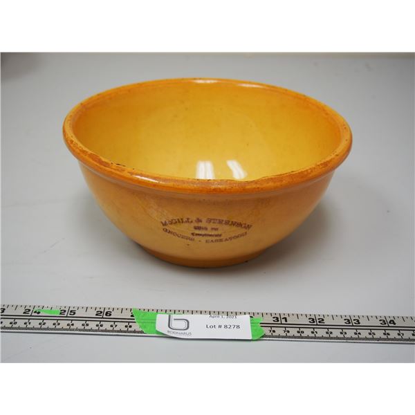 McGill and Steenson Grocers Saskatoon (Medalta Alberta) Stoneware Bowl 9in Diameter (chip on top)