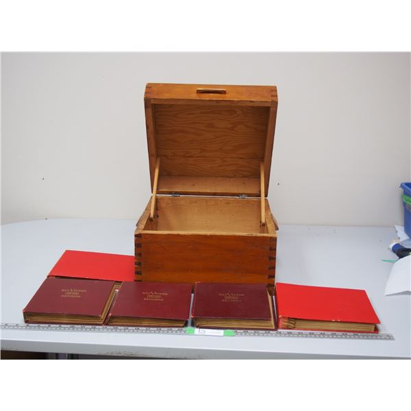 Vintage Wooden Storage Box and Vintage 45 Records