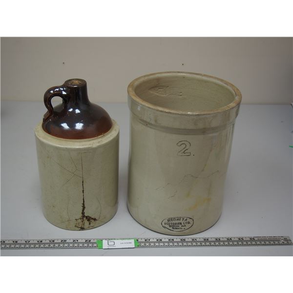 Stoneware Tus (Cracked) and 2 Gallon Medalta Crock