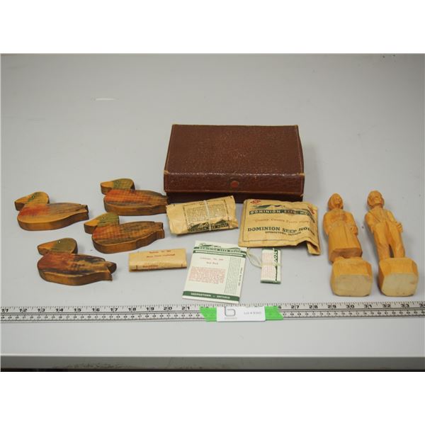 (2) Wooden Carvings, Wooden Ducks, Old Seed Packages plus misc