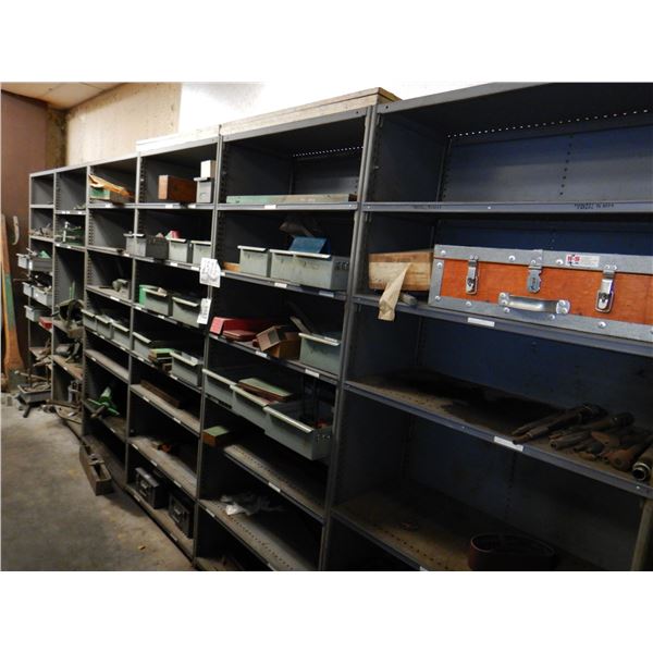 METAL SHELVES W/ CONTENTS, STEEL STAMPS, STARRETT CALIPERS, GEAR AND BEARING PULLERS