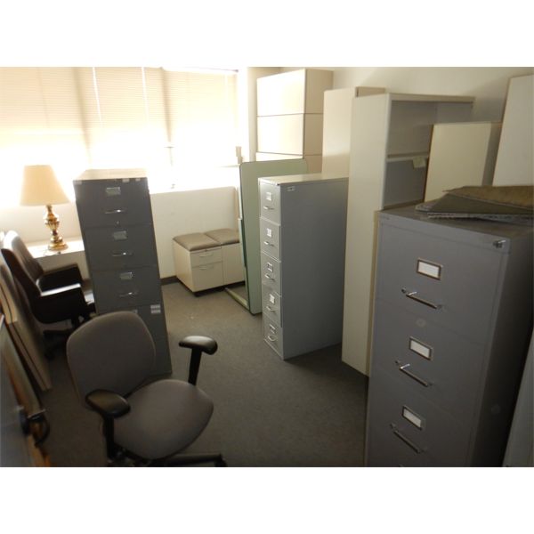 MISC OFFICE FURNITURE- SHELVES, FILING CABINETS, CHAIRS, TABLES, Selling Offsite: Located in Birming