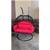 Image 1 : BRAND NEW RED DOUBLE HANGING EGG CHAIR - RETAIL $1969 W/ FOLDABLE FRAME, POWDER COATED STEEL FRAME, 